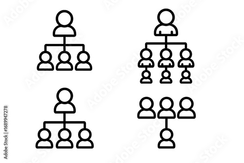 Business organization chart line icon set. Corporate hierarchy and structure concept. Leadership, management, and teamwork pictogram. Employee network and reporting structure.