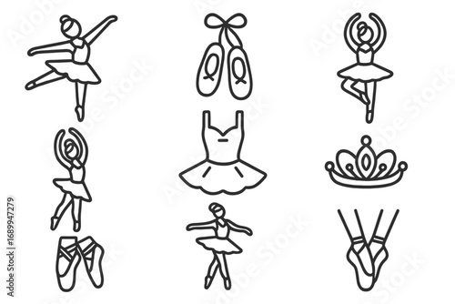 Ballet and dance line icon set. Graceful, elegant icons in outline style. Vector illustration of ballerina, pointe shoes, tutu, and tiara. Classic ballet school symbols.