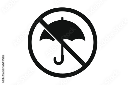 No umbrella sign. Umbrellas prohibited vector icon. Ban, warning, safety, caution pictogram. Forbidden symbol. Not allowed concept. Simple flat black silhouette design for web.