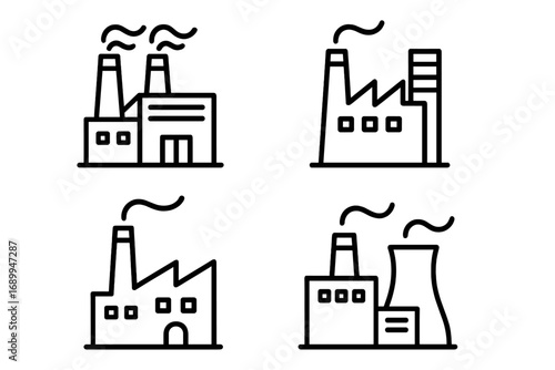 Factory icon set. Industrial buildings and power plant collection. Modern outline style vector symbols for manufacturing, production, energy, and pollution concepts. Line art.