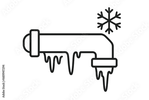 Frozen pipe icon vector illustration. Cold weather plumbing problem concept. Winter heating system damage with icicles and snowflake. Water pipe burst emergency outline graphic.