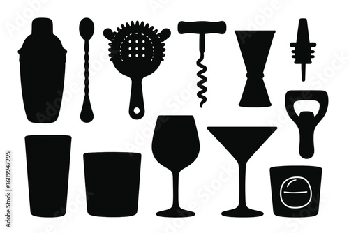 Bar tools and drinkware silhouette collection. Vector icon set for mixology, cocktails and alcohol. Bartender equipment like shaker, jigger, strainer, glasses for party or menu.