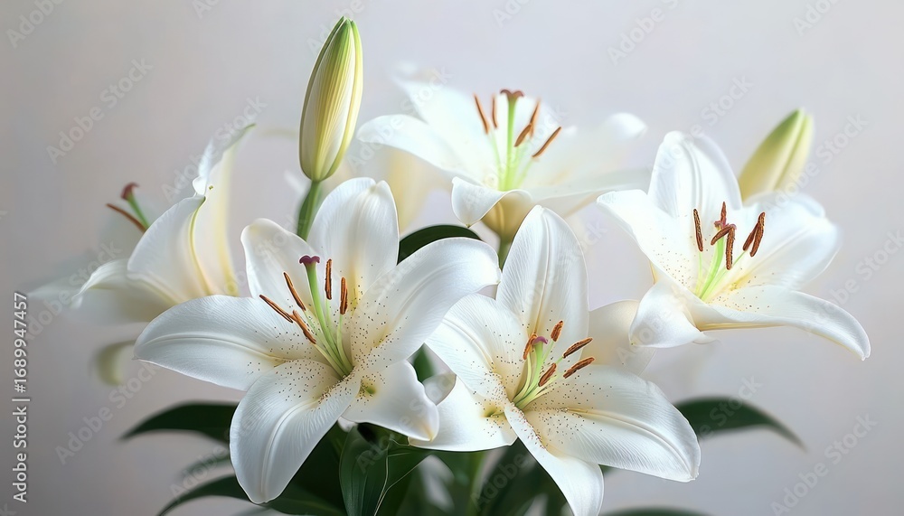 Naklejka premium Close-up of a bouquet of fresh white lilies with visible stamen and unopened buds against a soft neutral background, conveying purity and elegance