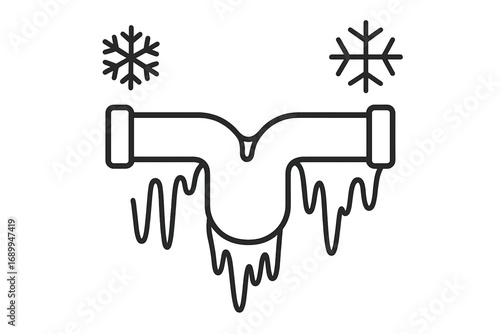 Frozen pipe vector line icon. Winter plumbing problem with ice and icicles. Water pipe burst from cold weather. Concept of plumbing emergency, damage, and repair service.