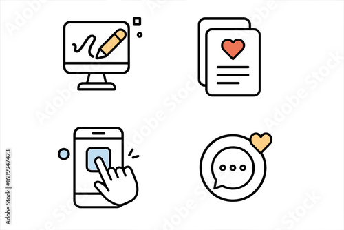 Modern outline icon set for digital creation and social media. Vector icons for graphic design, app interface, user interaction, chat, messaging, likes, and favorite content.