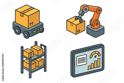 Warehouse automation isometric icons. Smart logistics, robotics, inventory management. AGV, robotic arm, barcode scanning, efficiency dashboard. Supply chain vector cartoon set.