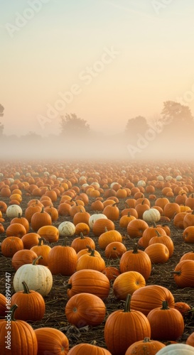 Orange Pumpkins in Misty Field, Rural Autumn Harvest
