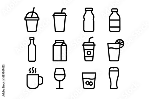 Beverage and drink line icon set. Simple minimalist outline symbols. Vector cartoon illustration of coffee, tea, juice, soda, water, beer, wine bottles, cups and glasses.