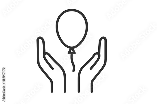 Minimalistic line icon of balloon held between hands for web design, graphic design, apps, banners, social network, cards, and vector cartoon illustration with transparent background