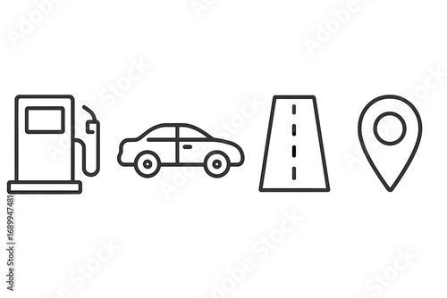 Travel icon set with gas station, car, road, and map pin. Thin line vector symbols for transport, navigation, and location. Automotive, route, GPS, and destination concepts.