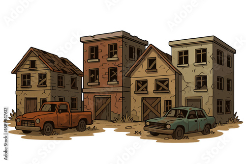 Vector cartoon set of abandoned houses and rusty old cars. Deserted ghost town street. Urban decay illustration. Post-apocalyptic city ruin with dilapidated buildings.
