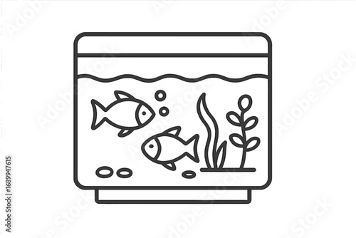 Aquarium line icon with fish and plants. Simple fish tank vector illustration for pet shop logo, app graphic, or web design. Aquatic pet care symbol. Minimalist outline.