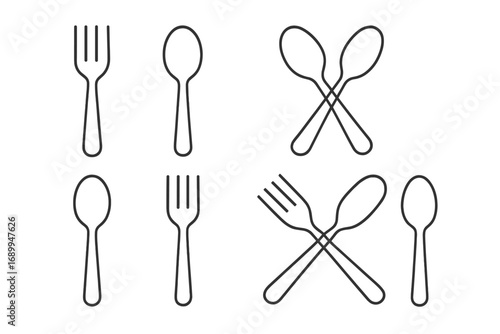 Fork and spoon line icon set for food and dining concepts. Minimalist vector cutlery symbols. Restaurant menu and kitchen utensil graphic elements. Simple silverware silhouette.