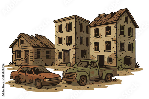 Vector set of abandoned ruined houses and old rusty cars. Post-apocalyptic ghost town scene with deserted buildings. Concept of urban decay, disaster, poverty. Cartoon illustration.