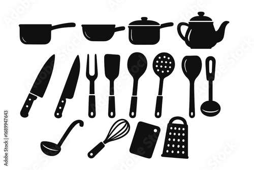 Kitchen utensils icon set in silhouette style. Vector collection of cooking tools and kitchenware. Cookware equipment for culinary design. Pan, pot, knife, and spoon icons.