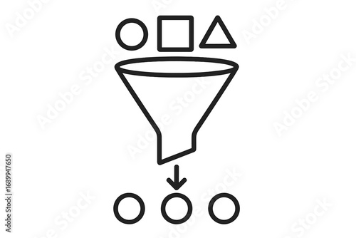 Simple clean funnel icon vector illustration, minimalistic line art graphic for designs, apps, adverts, books, business concepts, transparent background, set of shapes