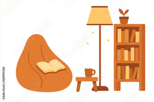 Cozy reading nook. Home interior with bean bag, bookshelf, and lamp. Hygge concept for comfort and relaxation. Vector illustration for education or hobby. Flat cartoon design.