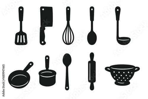 Cooking tools and kitchenware silhouette icon set. Vector illustration of culinary equipment. Spatula, cleaver, whisk, ladle, pan, colander, spoon, rolling pin graphics.