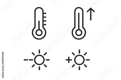 Minimalistic Thermometer and Temperature Icon Set, Linear Pictograms for Web Design, Apps, Banners, Social Media, and Greeting Cards, Vector Cartoon Style Pack
