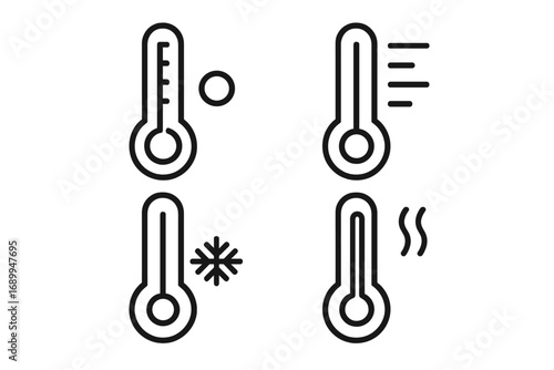 Thermometer and Temperature Icon Set, Minimalist Linear Vector Symbols for Web, Graphic Design, Apps, Banners, Social Media, Cards, Weather, Climate Concepts