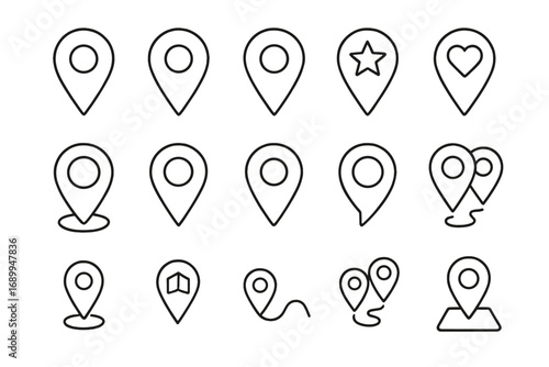 Map pin line icon pack. Location pointer and navigation marker set. Outline GPS signs for web, app, UI, UX design. Vector route, destination, and address symbols collection.