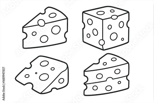 Cheese line icon set. Vector cartoon illustration of swiss cheese wedge, block and slice. Minimal outline doodle for food graphics, dairy concepts, logo, apps and web design.