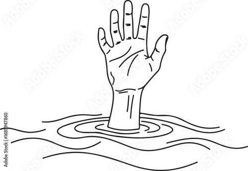 Hand Reaching Up from Water Line Art drowning help