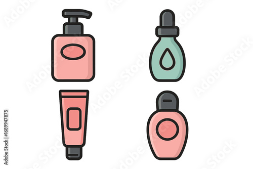 Thin icon set of cosmetic bottles for graphics and app design, vector cartoon illustrations with transparent background, beauty product containers, skincare and makeup essentials