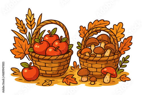 Autumn harvest set with wicker baskets of fresh red apples and wild mushrooms. Seasonal fall food. Cartoon vector illustration isolated. Thanksgiving decoration element.
