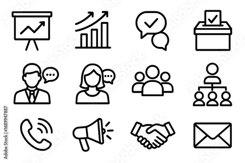 Business and communication line icon set. Icons for management, marketing, and teamwork. Vector pictograms of presentation, chart, vote, group, and handshake. Growth concept.
