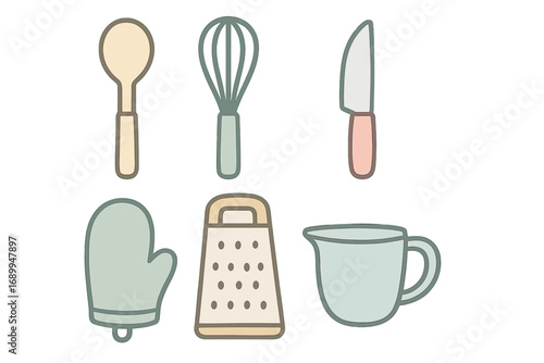 Minimalist kitchen tools set. Vector cartoon illustration. Cooking and baking utensils in soft pastel colors. Spoon, whisk, knife, grater, oven mitt, pitcher icons for culinary design.