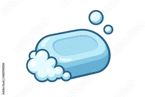 Vector illustration of a soap bar with foam and bubbles. Concept for hygiene, cleanliness, and washing hands. Cartoon graphic icon for skincare, health, and bathroom products.