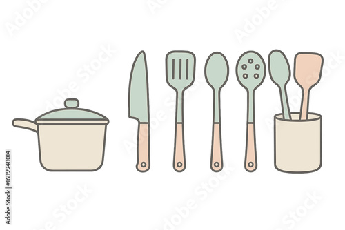 Kitchen utensils set in pastel colors. Minimalist vector icon collection for cooking. Modern cookware, kitchenware tools like pot, knife, spatula. Isolated cartoon illustration.