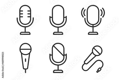 Microphone line icon set for podcast and music production. Studio mic, record, voice, sound, broadcast, audio symbols. Mute button. Outline vector for web, app, UI, UX design.