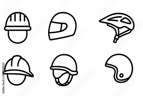 Helmet line icon set vector collection. Safety headgear outline symbols. Hard hat, motorcycle, bicycle, military helmet icons for web, app, graphic design. Protection equipment.
