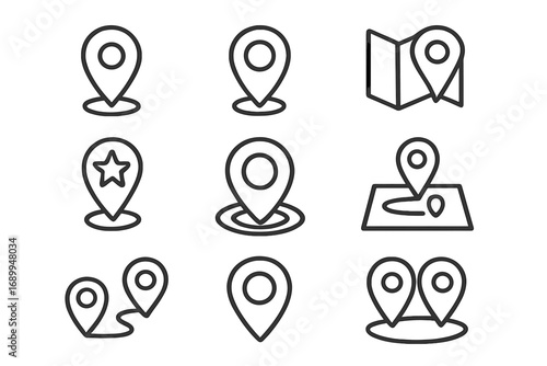Map pin thin line icon set. Location pointer and navigation marker collection. Outline GPS route, destination, and travel symbols for web design, apps, and geography concepts.