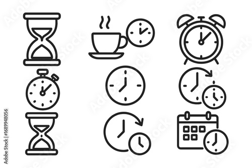 Time icon collection with hourglass, coffee break, alarm clock, stopwatch, clock face, calendar, and time management symbols for graphics, concepts, app design, and vector illustration