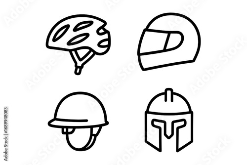 Helmet line icon set. Vector collection of various head protection symbols. Bicycle, motorcycle race, army soldier, and ancient Spartan gladiator helmets. Outline illustration.