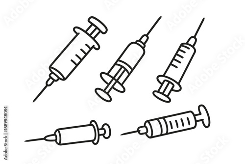 Syringe outline vector set. Cartoon doodle illustration of medical injection. Concept for vaccine, shot, treatment, drug, health care. Needle icon for hospital or web design.