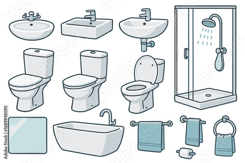 Bathroom furniture and plumbing fixtures icon set. Vector cartoon illustration of sanitary ware: toilet, sink, shower cabin, bathtub. Interior design elements for home.
