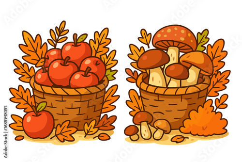 Autumn harvest vector set. Baskets with apples and mushrooms. Fall seasonal food concept. Cartoon illustration. Fresh organic fruit and fungi picking. Ripe nature produce.
