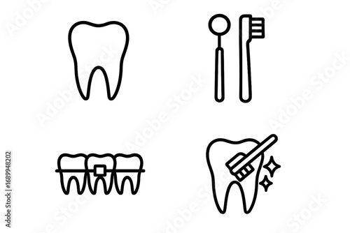 Tooth and Dentistry Line Icon Set with Braces, Cleaning Tools, and Oral Care Symbols, Minimalist Linear Vector Pictograms for Web Design, Apps, Banners, and Social Media Cards