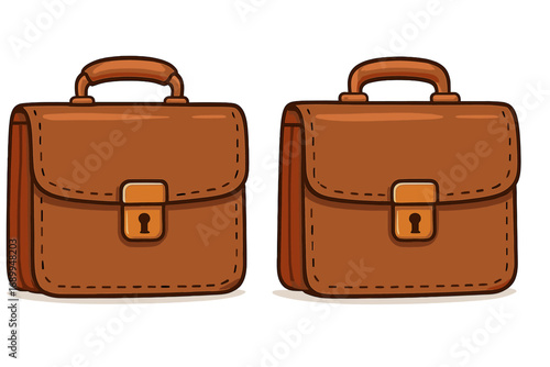 Set of two brown leather briefcases. Business case portfolio for documents. Professional work bag with handle and lock. Vector cartoon icon isolated on white background.