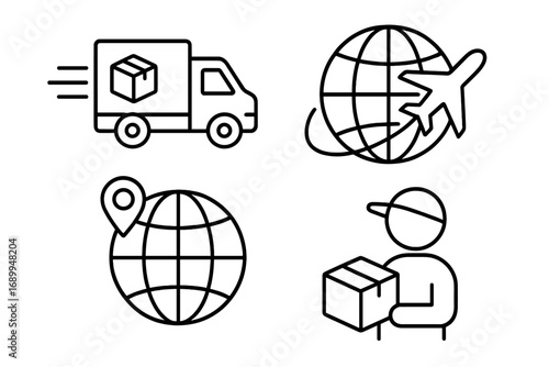 Global delivery outline linear icons set, worldwide shipping logistics symbols, international parcel transport, fast courier service, global tracking, package handling vector illustration