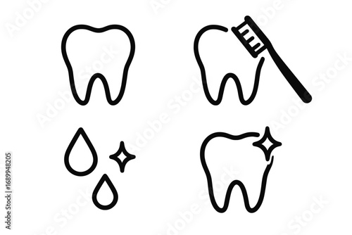 Tooth cleaning icon set. Dental care, hygiene, and brushing teeth pictogram collection. Minimalist line art for web, dentistry, stomatology. Vector oral health illustration.