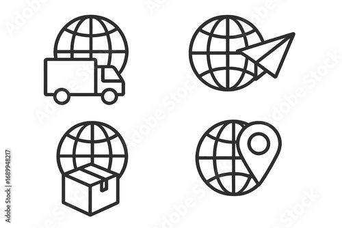 Global delivery icons set with truck, paper plane, package, and location pin symbols for graphic, web design, apps, advertising, and logistics vector illustration
