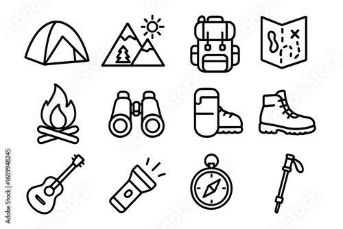 Camping and hiking outline icon set. Outdoor adventure and travel equipment symbols collection. Vector line art for tourism, trekking and survival. Tent, map, compass icons.