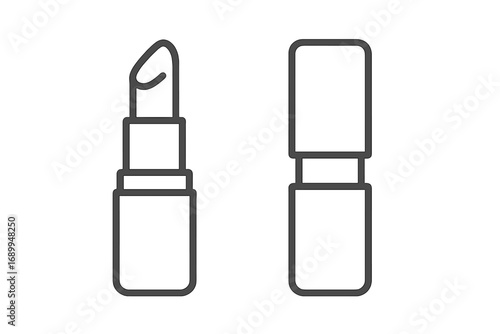 Lipstick minimal outline icon set. Vector cosmetic and makeup symbol. Beauty and fashion concept. Open and closed lipstick tube for web design, apps, and print illustration.