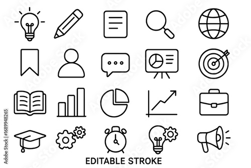Business and marketing line icon set. Editable stroke vector icons for web design, startup, data analysis, strategy and education. Outline symbols collection for infographics.