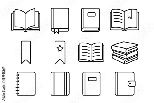 Book thin line icon set. Education, reading, library signs. Open and closed books, notebook, diary, bookmark symbols. Vector outline illustration for web, graphic design, app.